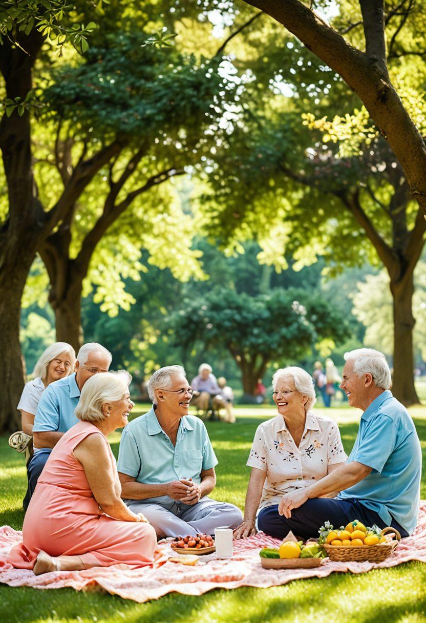 A warm, inviting park scene featuring a diverse group of senior couples enjoying a picnic, with soft sunlight filtering through trees. Some couples are laughing, others engaged in conversation, all showcasing joy and connection. Include elements of nature like flowers and birds to enhance the romantic atmosphere. The background can have a gentle blur to emphasize the couples in focus. vibrant colors. super-realistic.