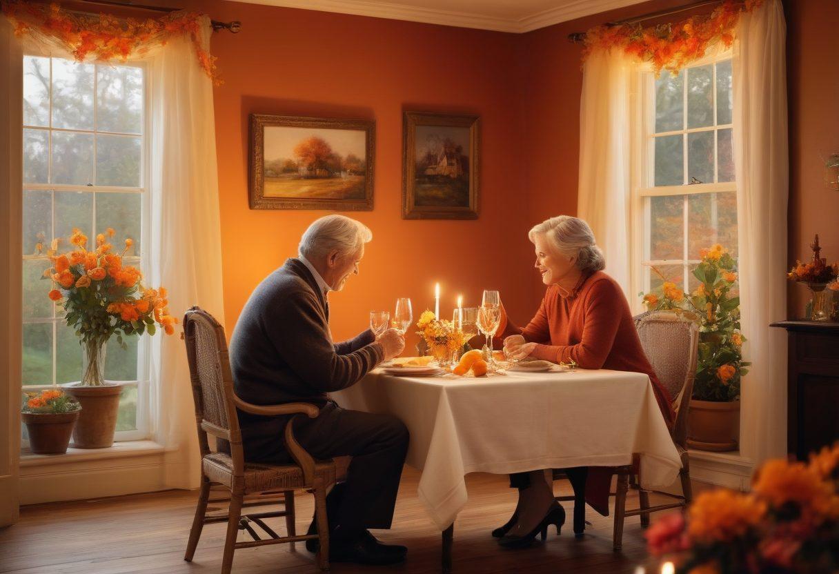 A warm and inviting scene featuring an older couple sharing a tender moment, surrounded by soft candlelight and floral decor, symbolizing romance and intimacy. Include elements like a cozy dining table set for two, with wine glasses and gourmet cuisine, alongside hints of laughter and joy in the air. Enchanting autumn-themed colors in the background. super-realistic. vibrant colors. warm tones.