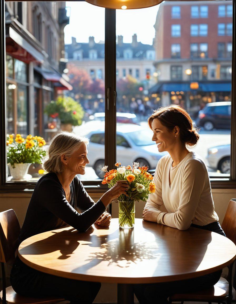 A warm and inviting scene of two mature individuals enjoying a meaningful conversation in a cozy, sunlit café. They should be seated at a round table adorned with a small vase of fresh flowers, representing connection and intimacy. Soft smiles shared between them and a beautiful cityscape visible through the café window, symbolizing the depth of their relationship. Emphasize the warmth and comfort of the moment. super-realistic. vibrant colors. cozy atmosphere.
